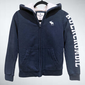 Boys Size 11/12 Abercrombie Kids Navy Full-Zip Sherpa Hoodie Jacket with Logo